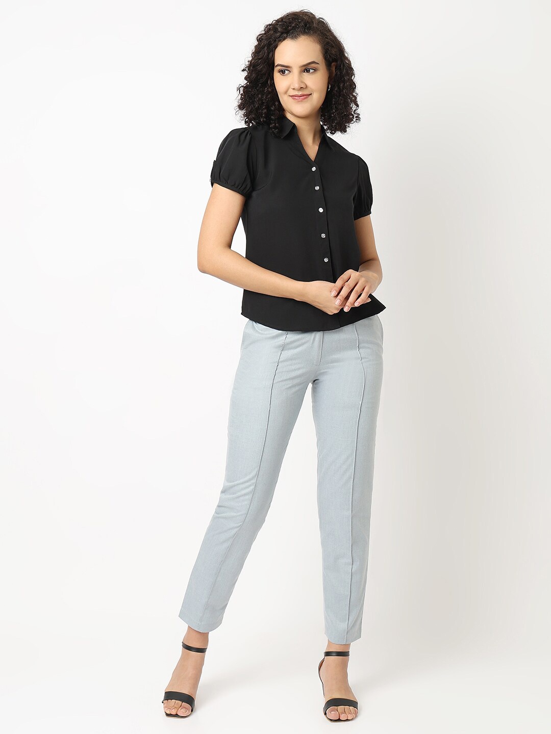 

NOT SO PINK Comfort Puff Sleeves Cut Out Casual Shirt, Black