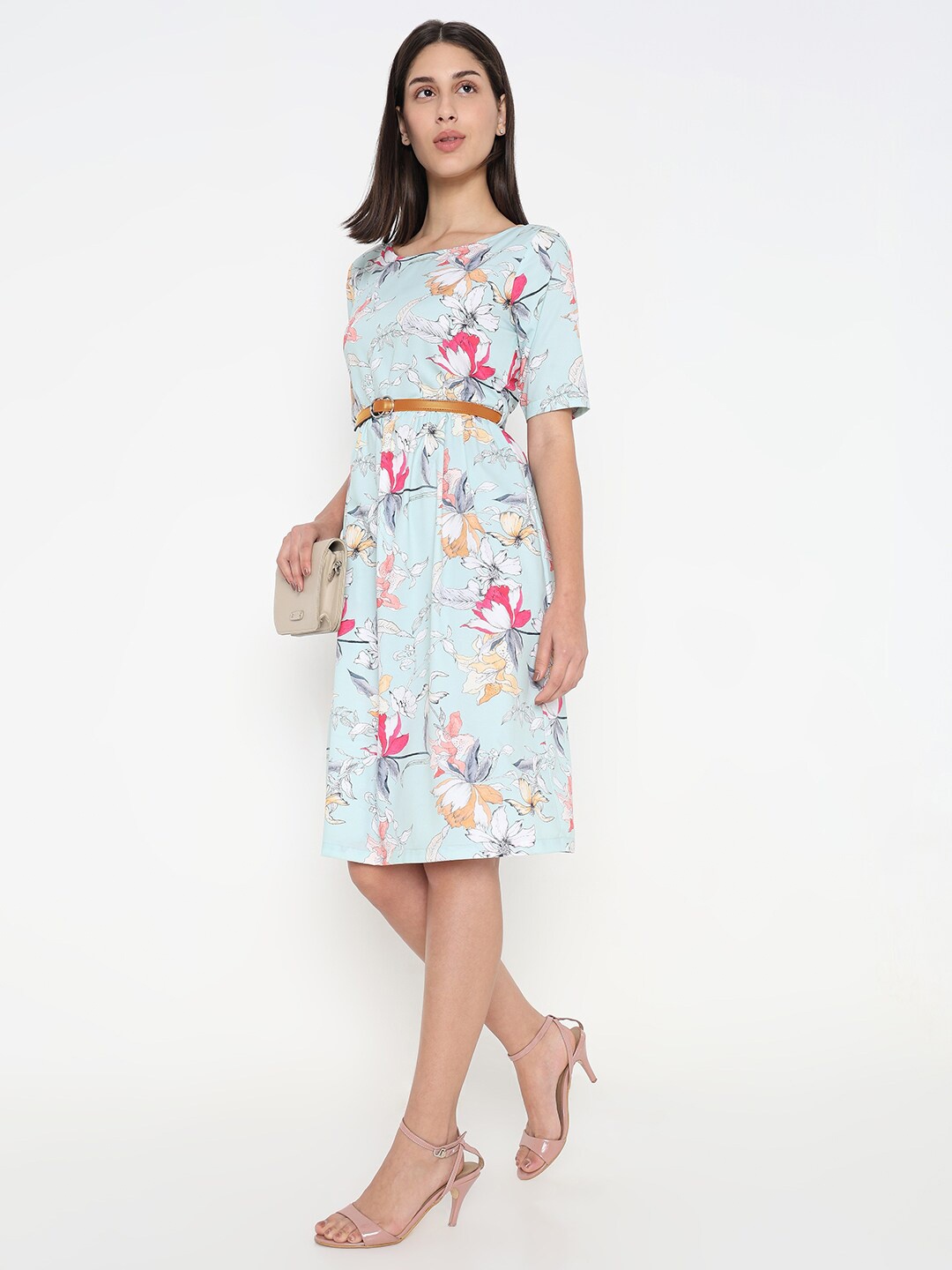 

NOT SO PINK Floral Printed Gathered Detailed Fit & Flare Dress With Belt, Green