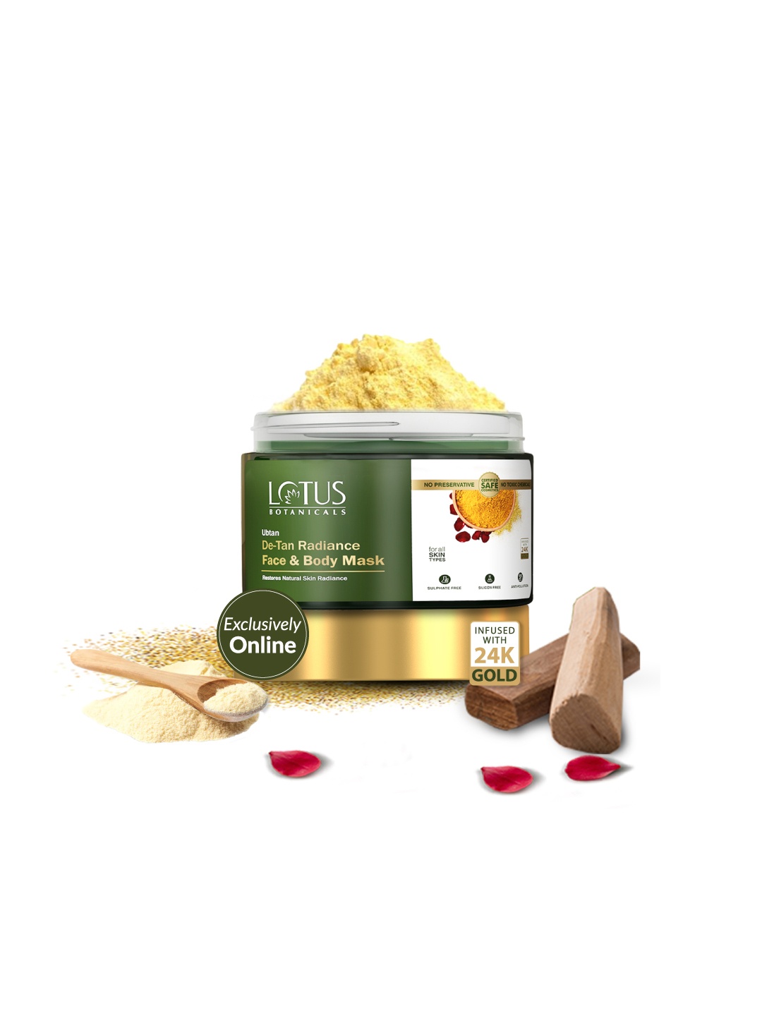 

Lotus Botanicals Ubtan De-Tan Radiance Face & Body Mask with 24K Gold - 140g, Green
