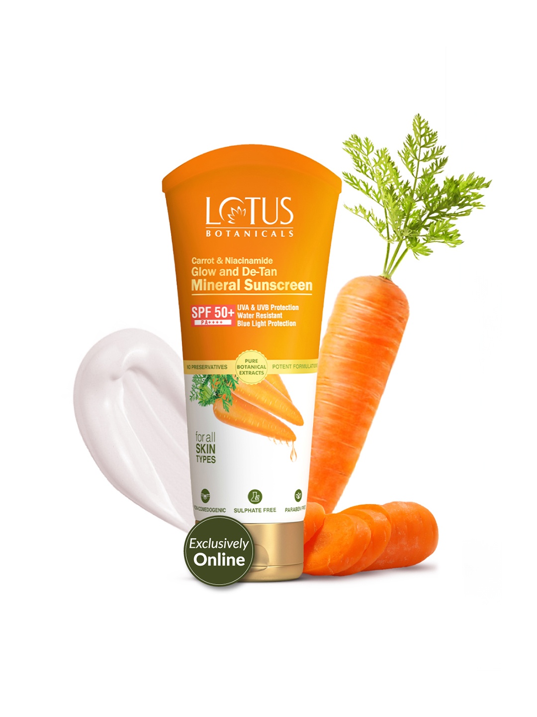 Lotus Botanicals Carrot & Niacinamide Glow & De-Tan Mineral Sunscreen - SPF 50+ PA++++-50g, Orange