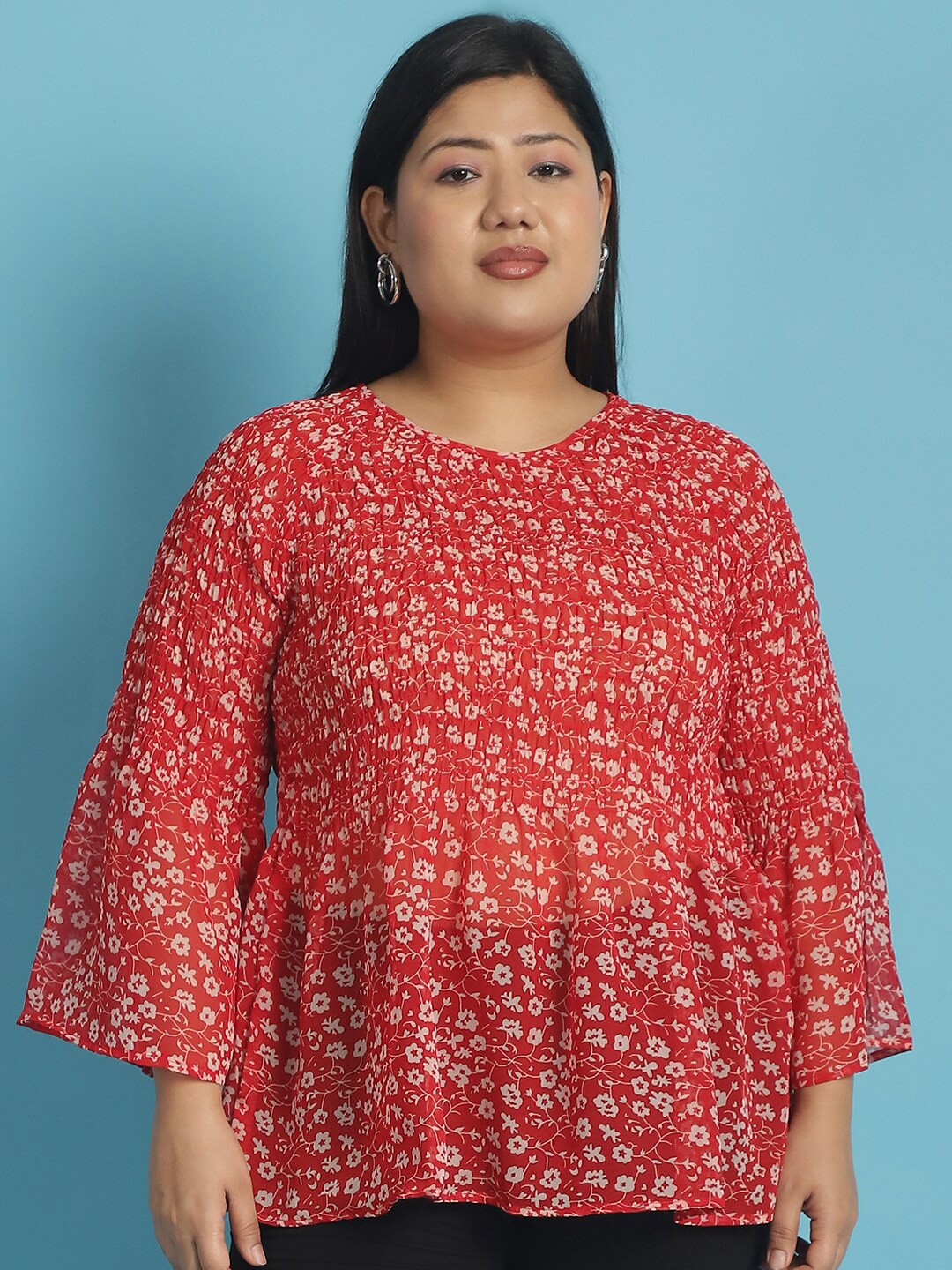 

theRebelinme Plus Size Floral Printed Bell Sleeve Georgette Empire Top, Red