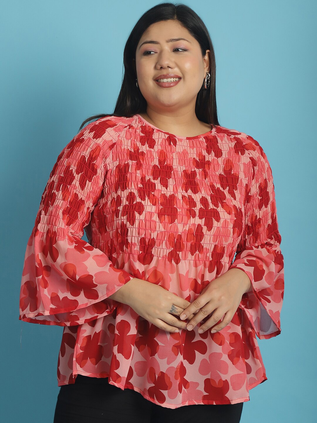 

theRebelinme Plus Size Printed Bell Sleeve Georgette Top, Pink