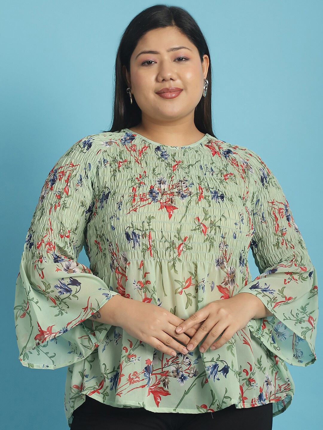 

theRebelinme Plus Size Floral Printed Bell Sleeve Georgette Top, Green