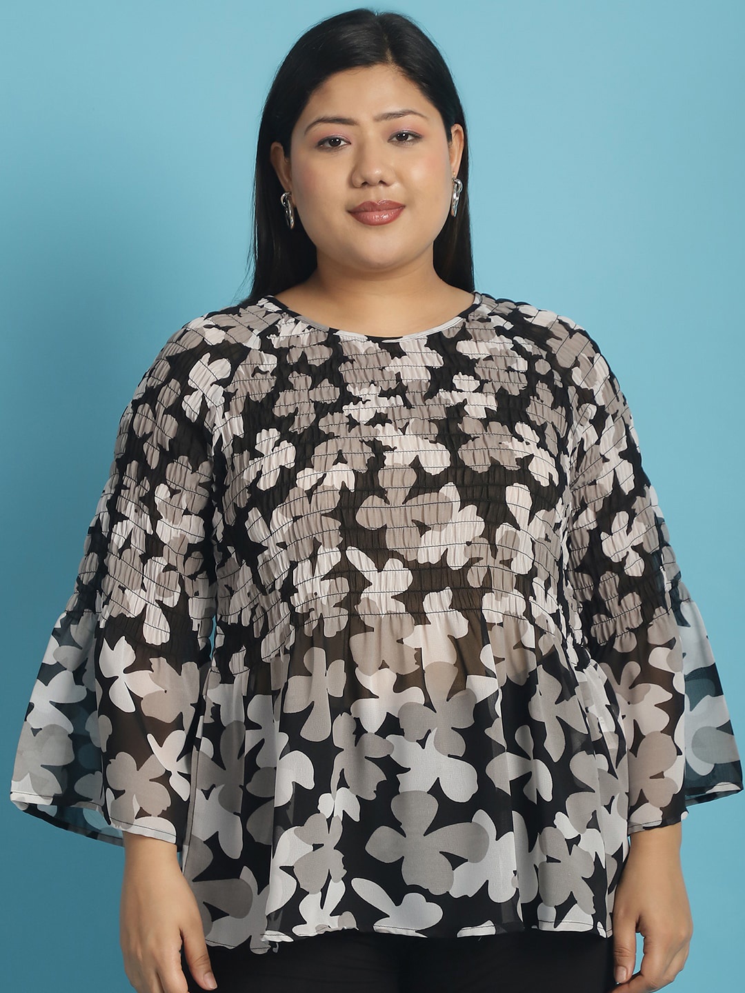 

theRebelinme Plus Size Printed Flared Sleeve Georgette Top, Black