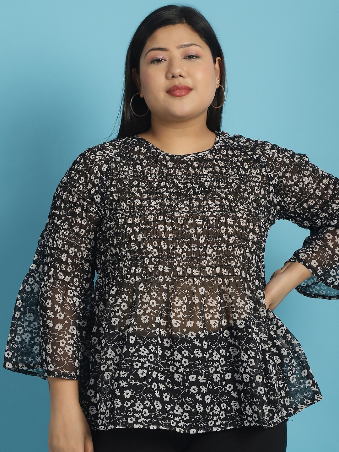 

theRebelinme Plus Size Floral Printed Bell Sleeve Georgette Top, Black