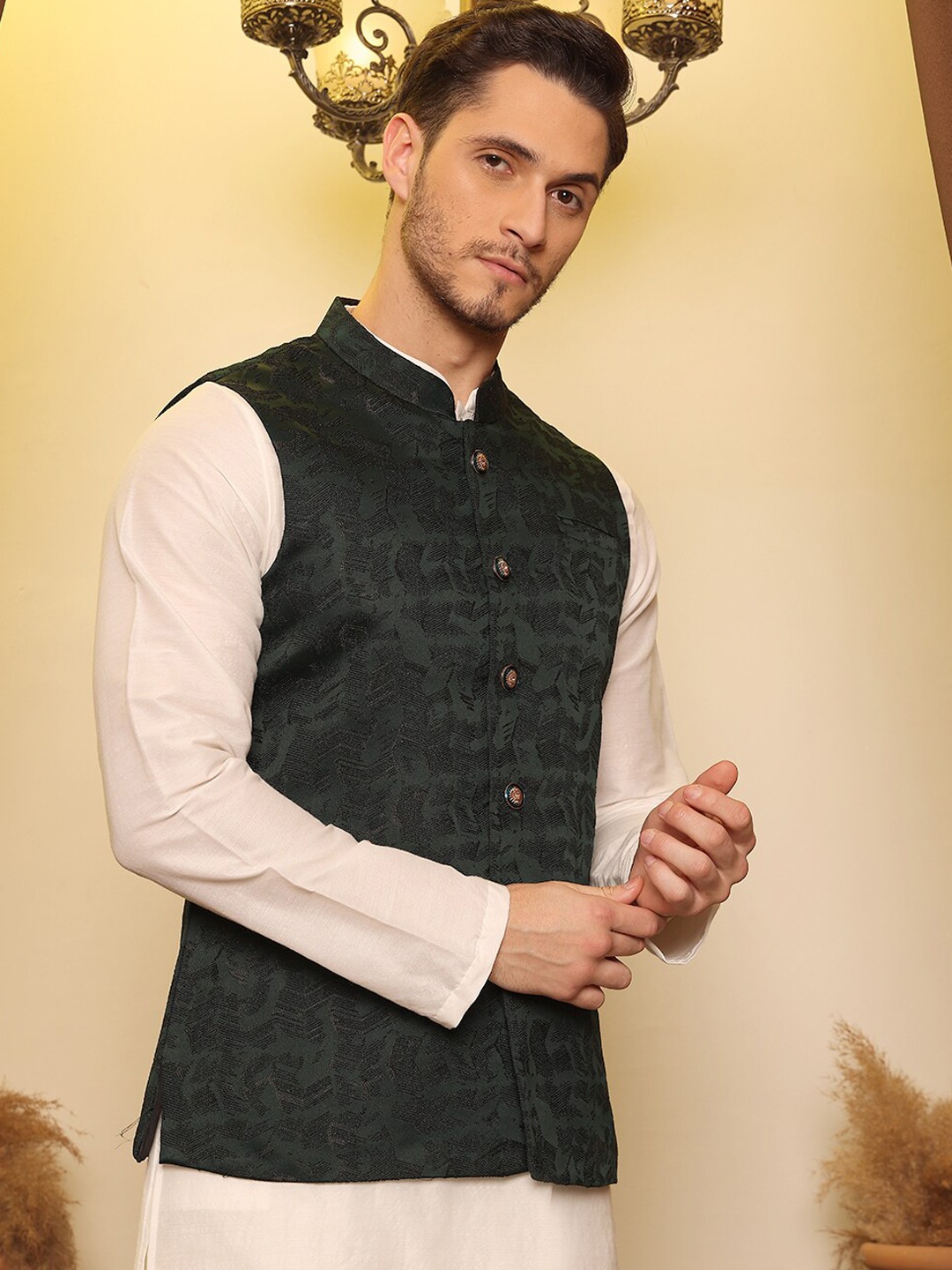 

House of Pataudi Jacquard Woven Design Nehru Jacket, Green