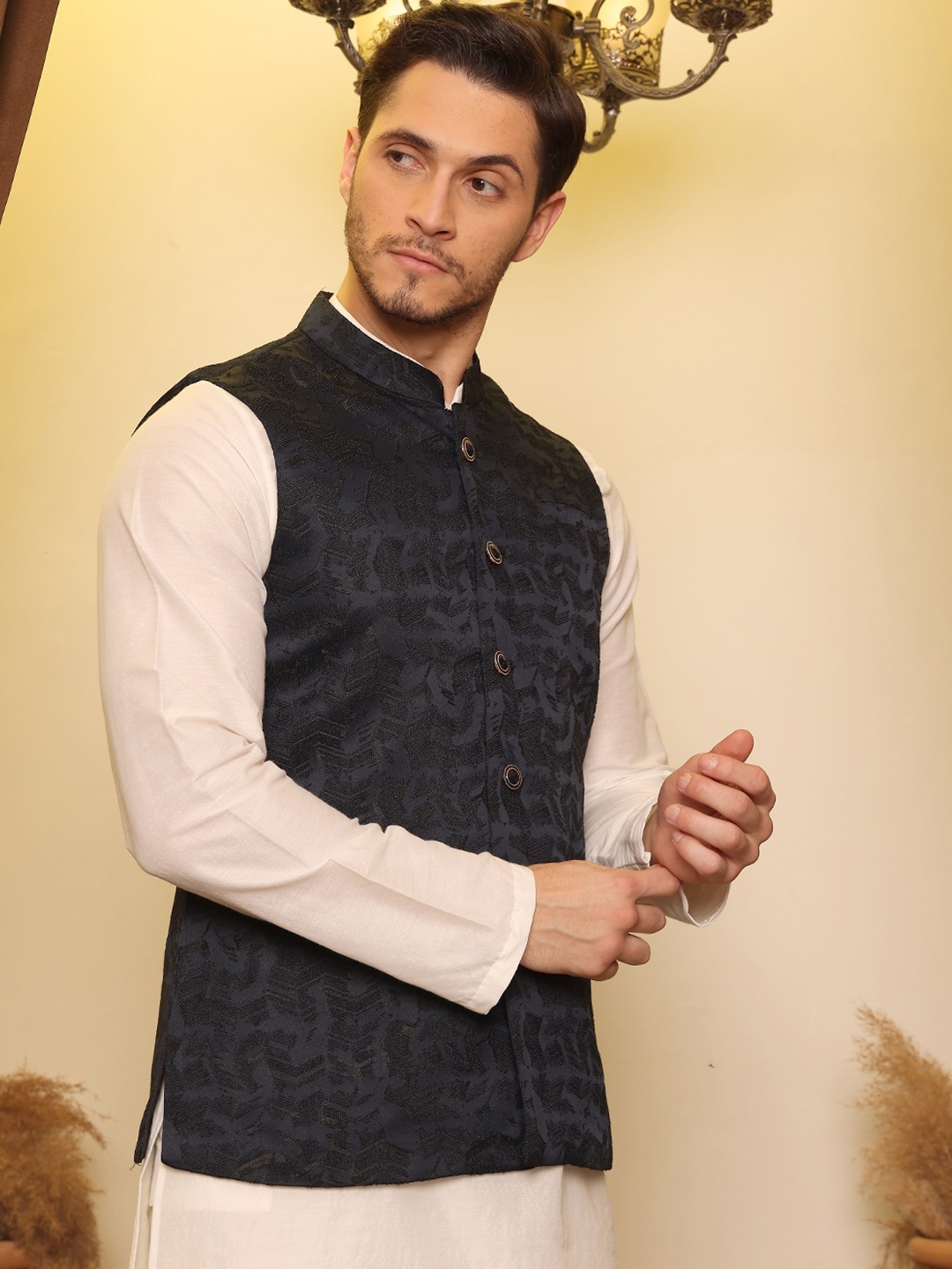 

House of Pataudi Jacquard Woven Design Nehru Jacket, Navy blue
