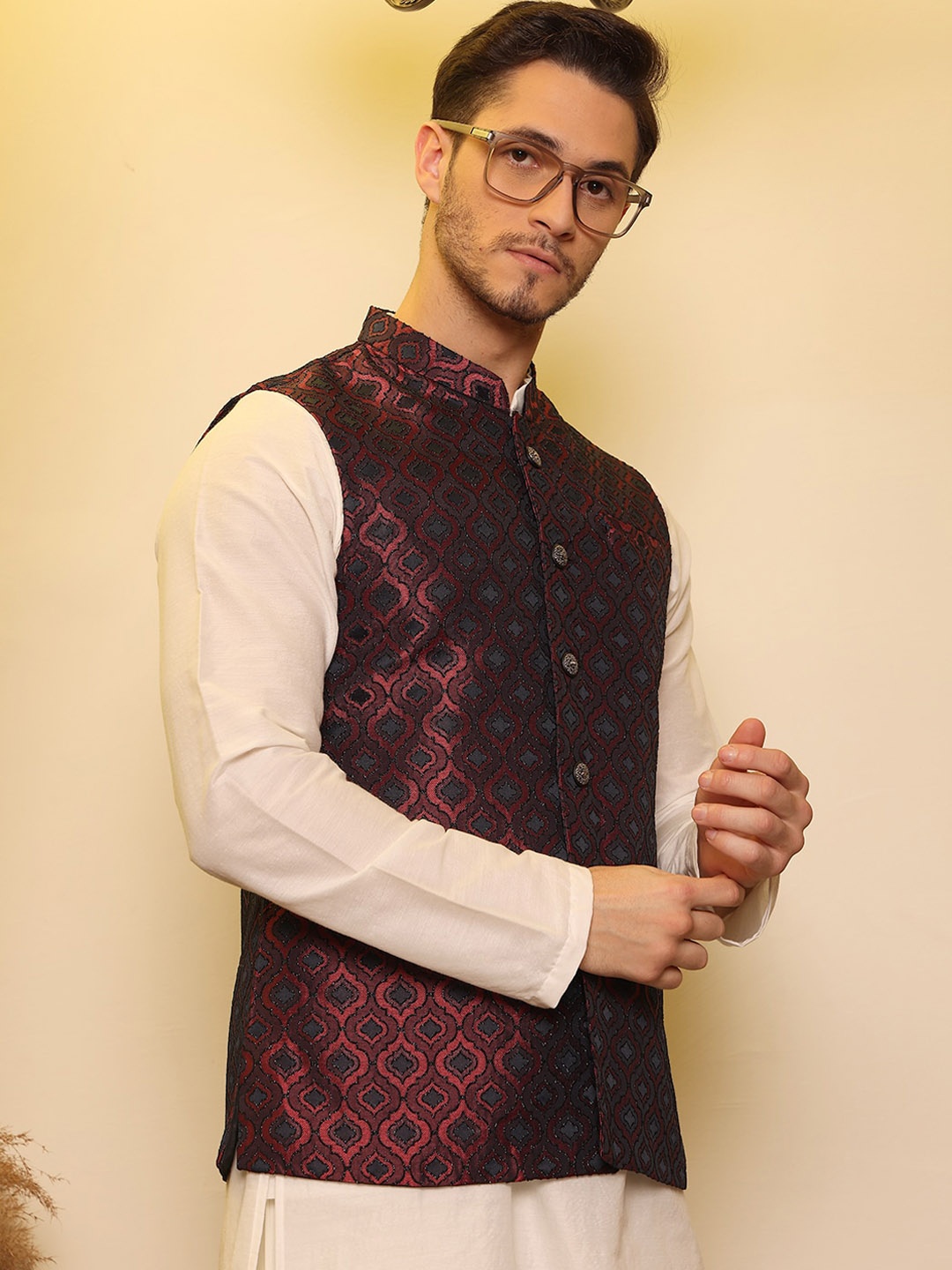 

House of Pataudi Jacquard Woven Design Nehru Jacket, Red