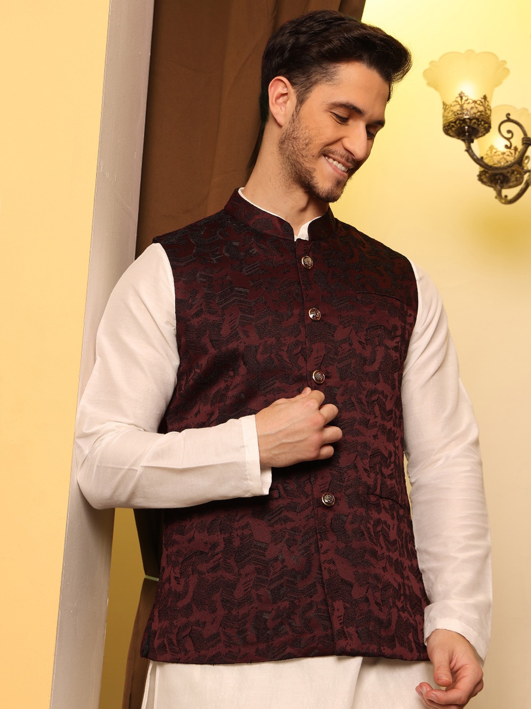 

House of Pataudi Jacquard Woven Design Nehru Jacket, Maroon