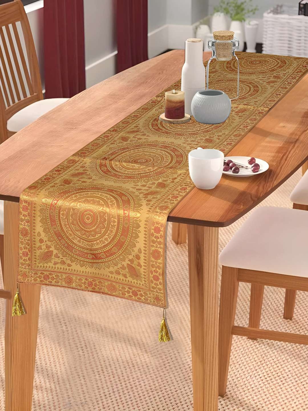 E-Ezra Gold-Toned Self Design Pure Silk Table Runner
