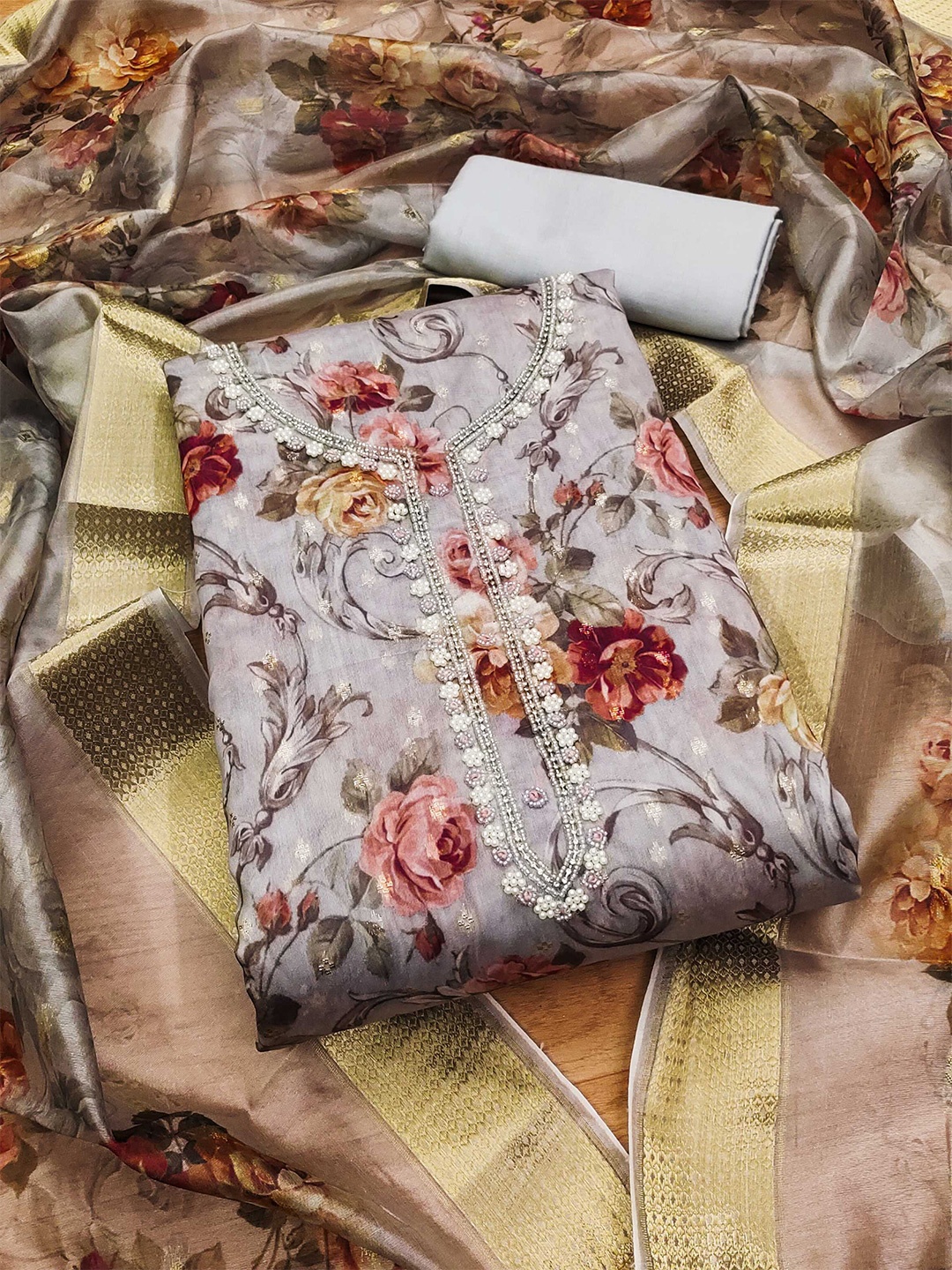 

KALINI Floral Printed Beads and Stones Unstitched Dress Material, Grey