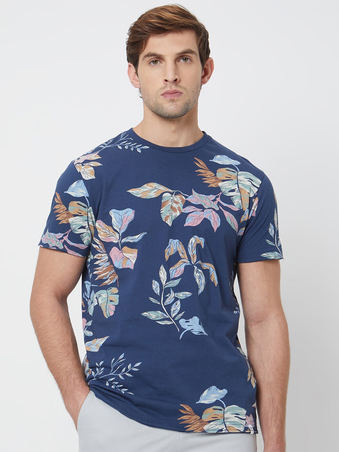 

Mufti Floral Printed Round Neck Short Sleeves Slim Fit T-shirt, Navy blue