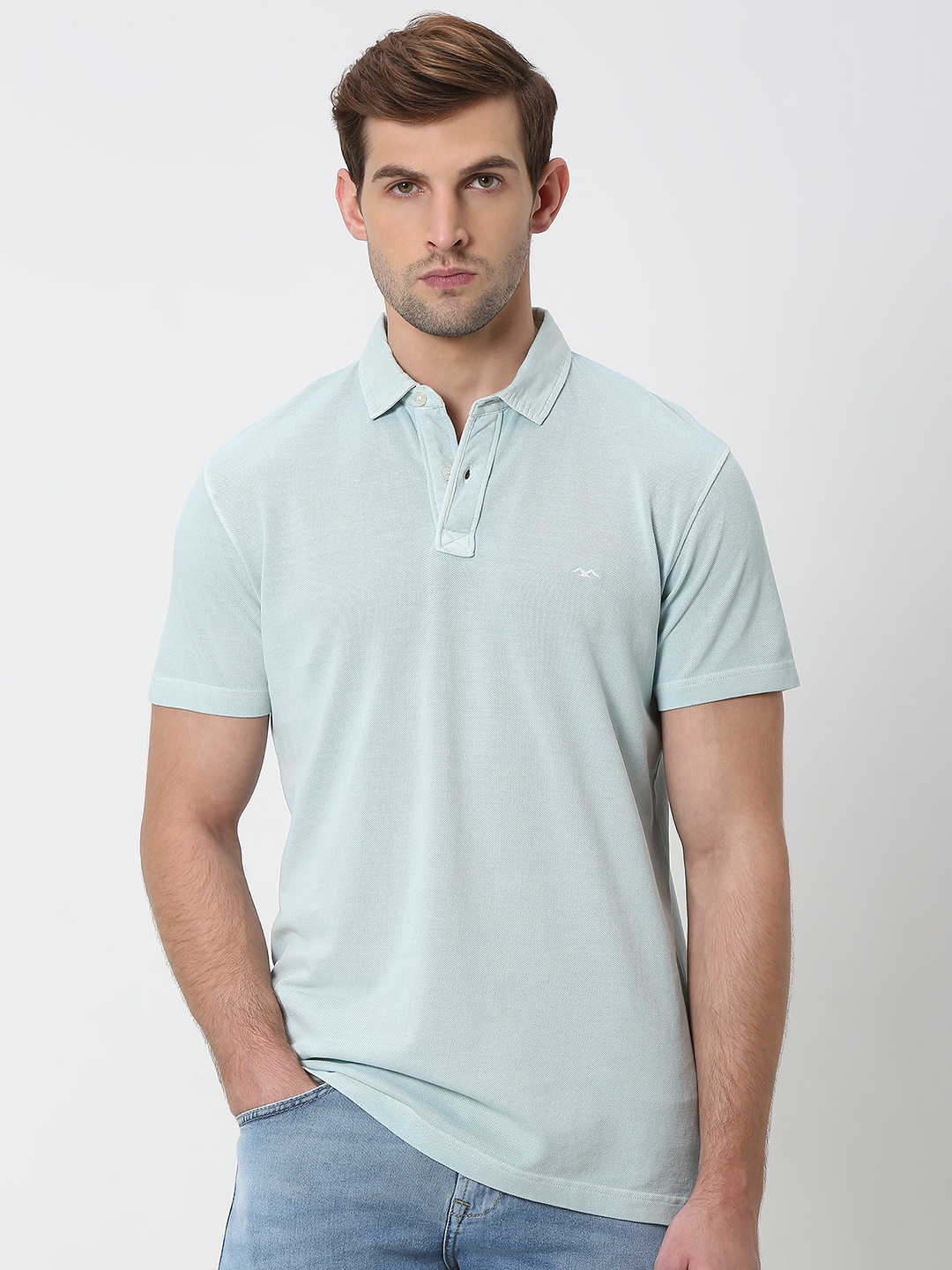 Mufti Floral Printed Polo Collar Short Sleeves Slim Fit T-shirt, Blue