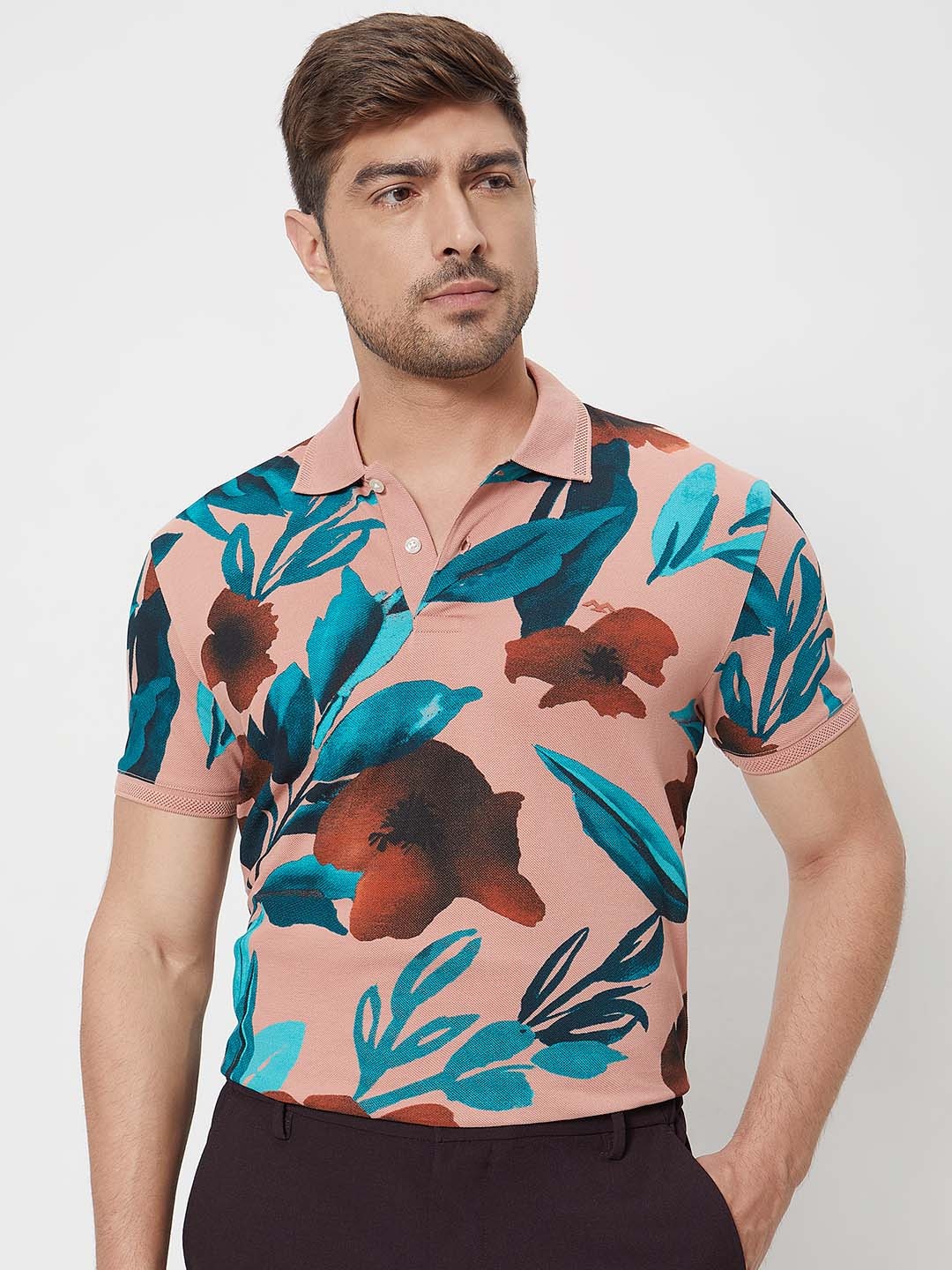 

Mufti Floral Printed Round Neck Short Sleeves Slim Fit T-shirt, Pink