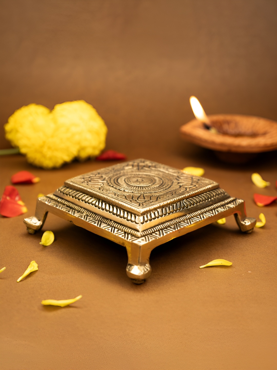 

Ekhasa Carved Brass Pooja Chowkie, Gold