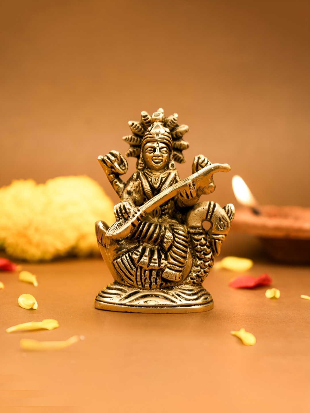 Ekhasa Gold-Toned Brass Religious Saraswati Idol Showpiece
