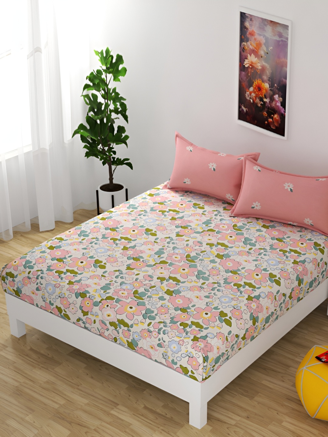 

FINE TEX WORLD brida Pink Floral 220 TC Microfiber King Bedsheet with 2 Pillow Covers