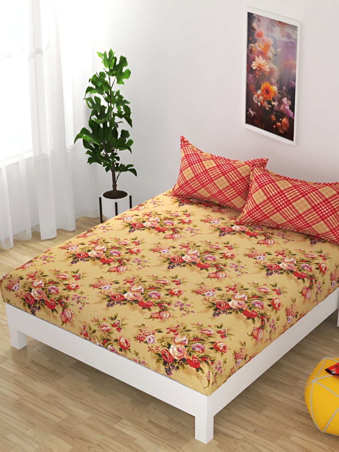 

FINE TEX WORLD brida Yellow Floral 220 TC Microfiber King Bedsheet with 2 Pillow Covers