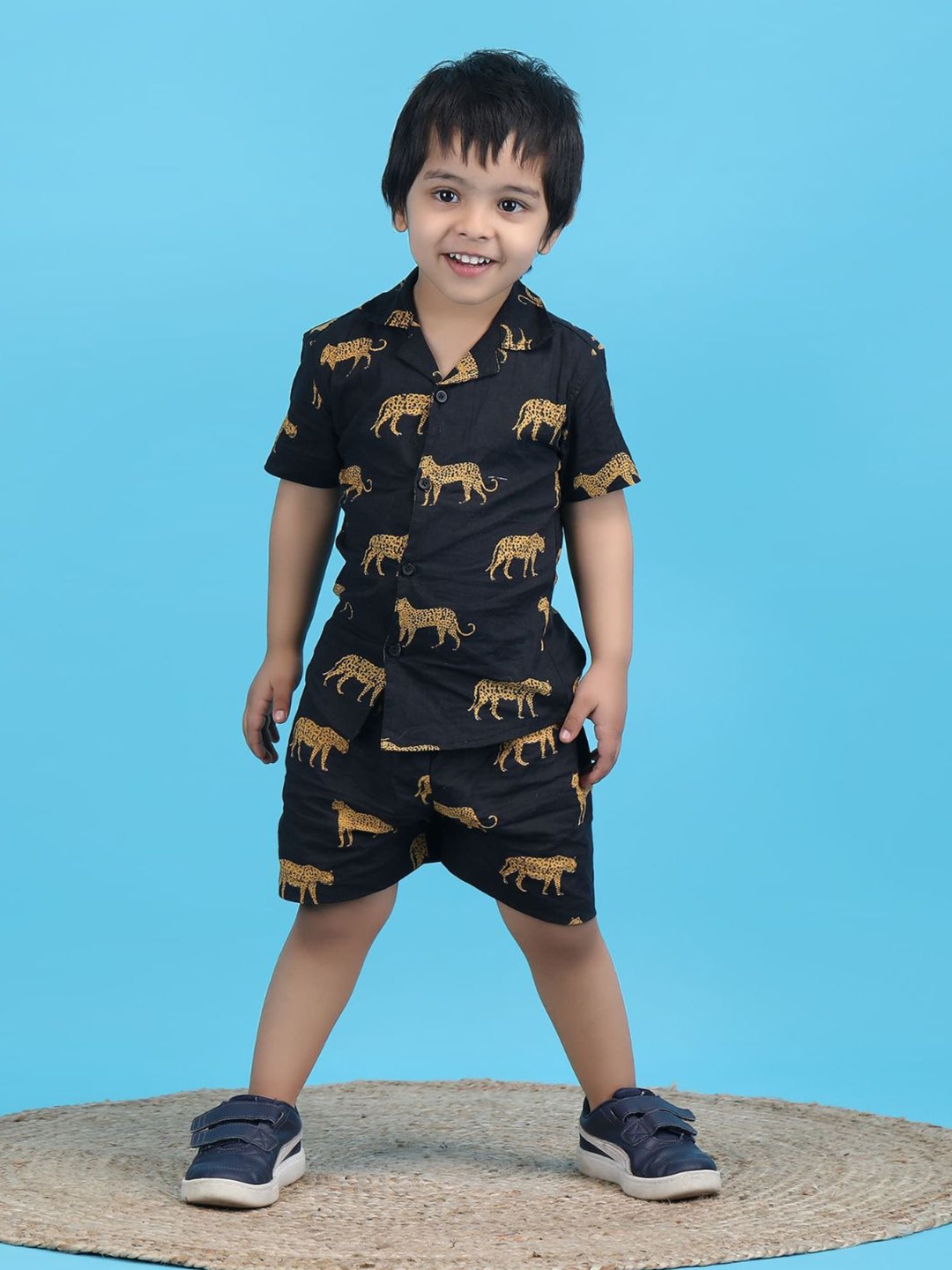 

Polka Tots Kids Printed Pure Cotton Shirt with Shorts, Black