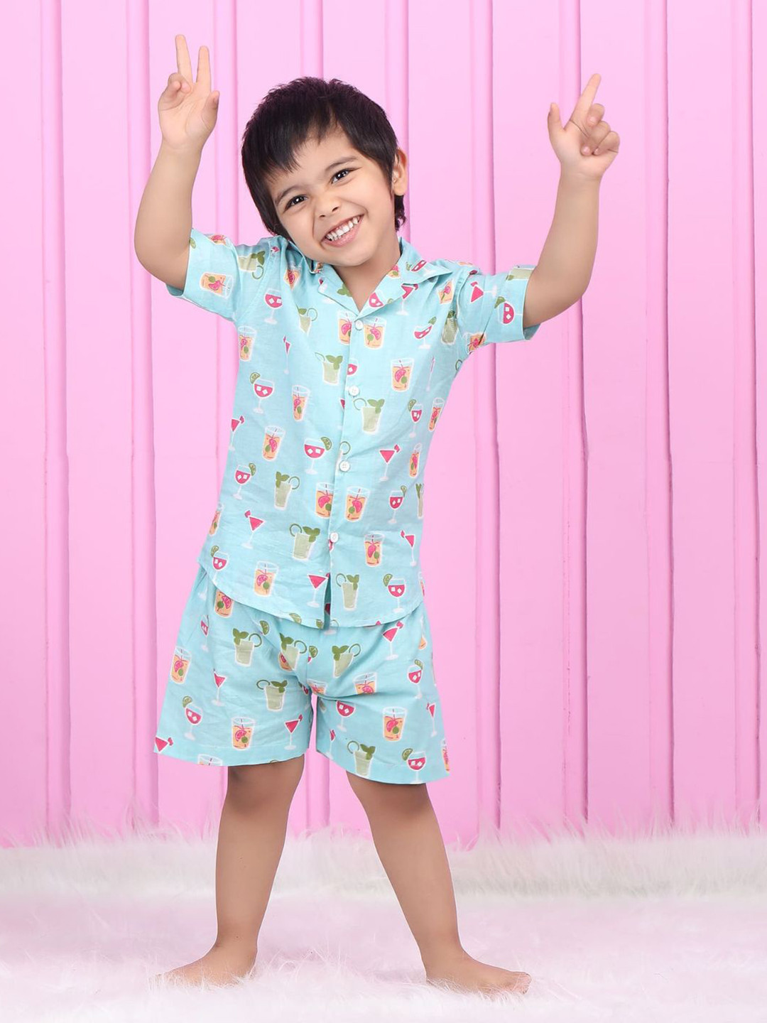 

Polka Tots Kids Printed Pure Cotton Shirt with Shorts, Blue