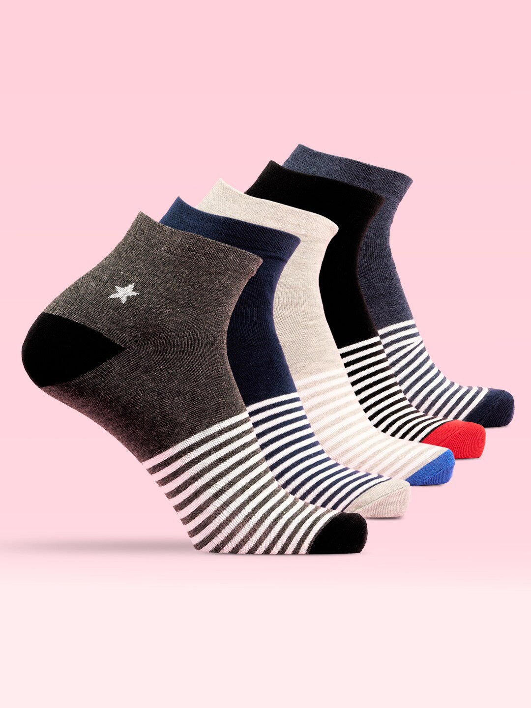 

LUX MOZZE Men Pack Of 5 Patterned Anti Bacterial Ankle Length Socks, Black