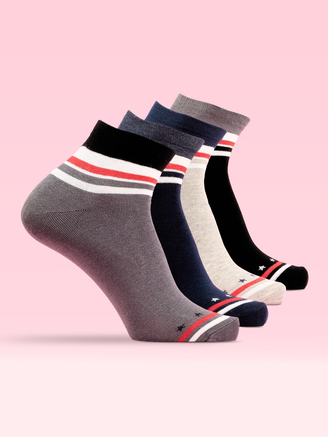 

LUX MOZZE Men Pack Of 4 Striped Anti Microbial Ankle-Length Socks, Assorted