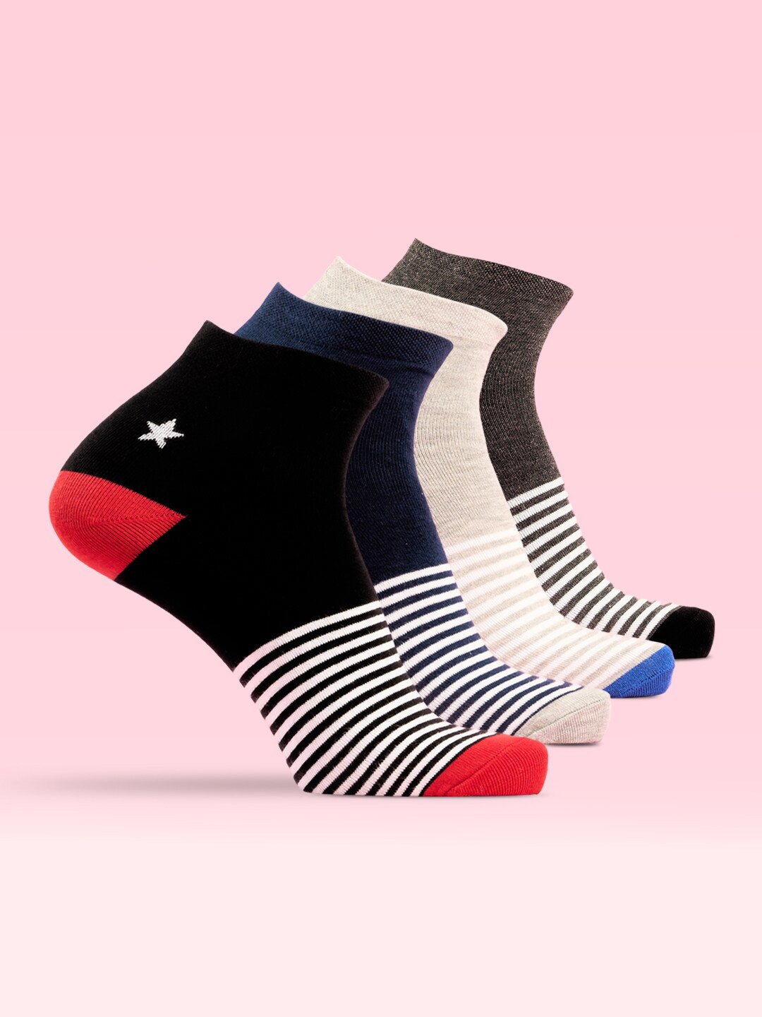

LUX MOZZE Men Pack Of 4 Striped Anti Bacterial Ankle-Length Socks, Assorted