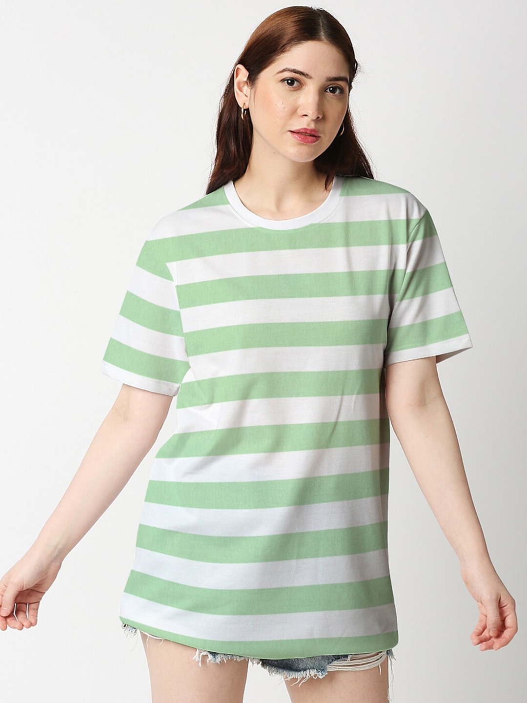 

Wear Your Opinion Round Neck Short Sleeves Striped Cotton T-shirt, Green