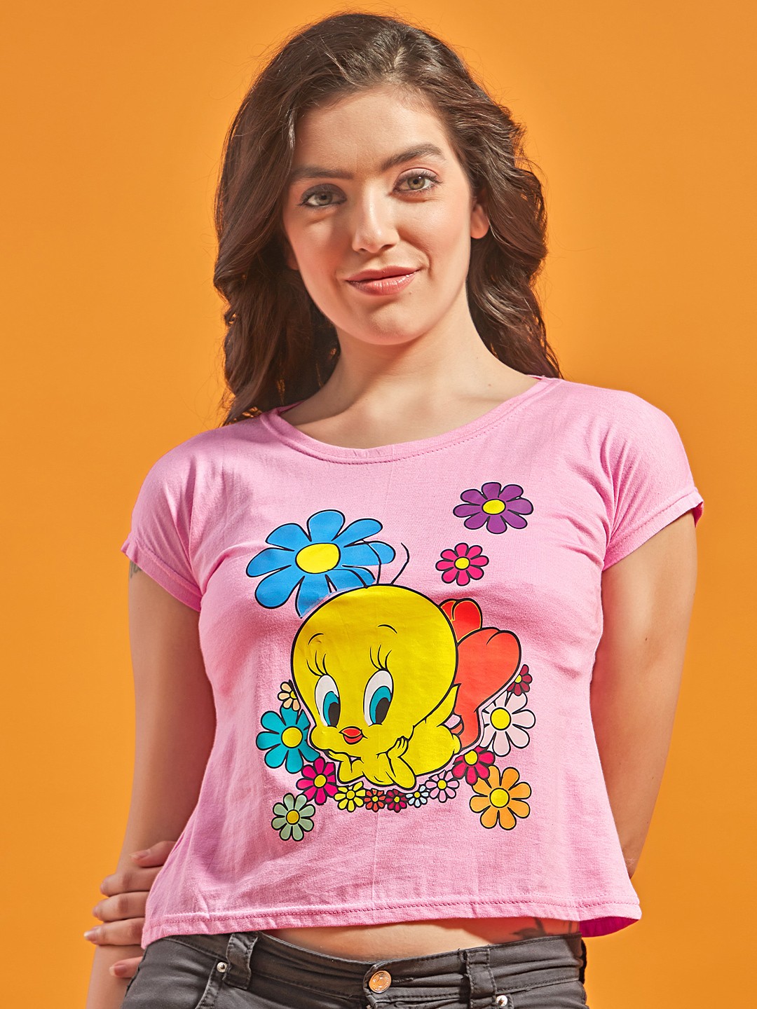 

STHULAS Tweety Printed Round Neck T-shirt, Pink
