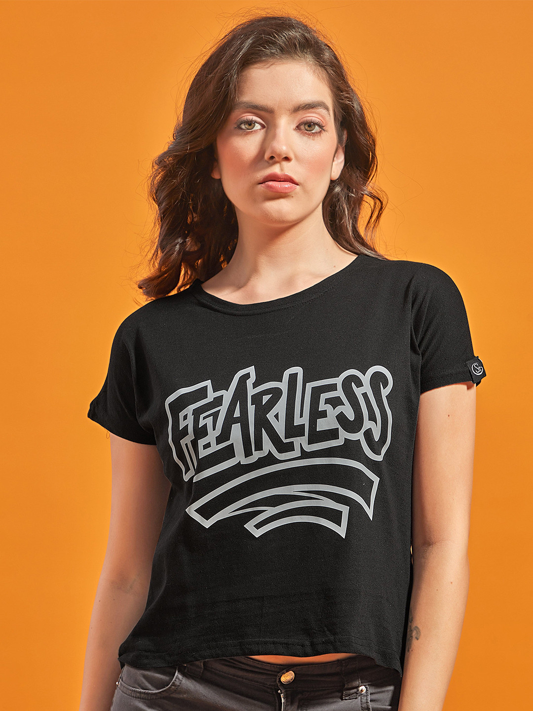 

STHULAS Round Neck Fearless Printed T-shirt, Black