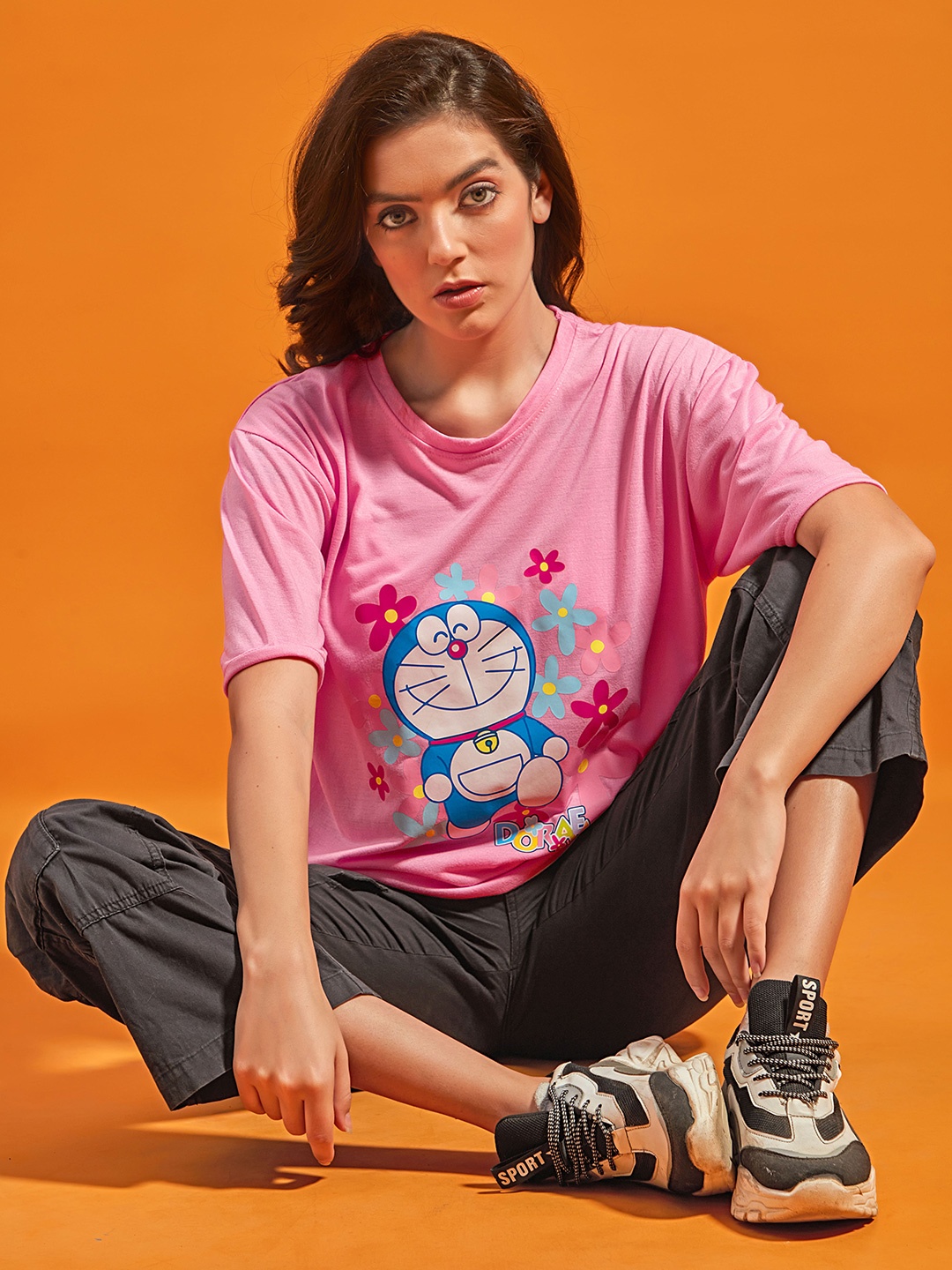 

STHULAS Doremon Printed Round Neck T-shirt, Pink