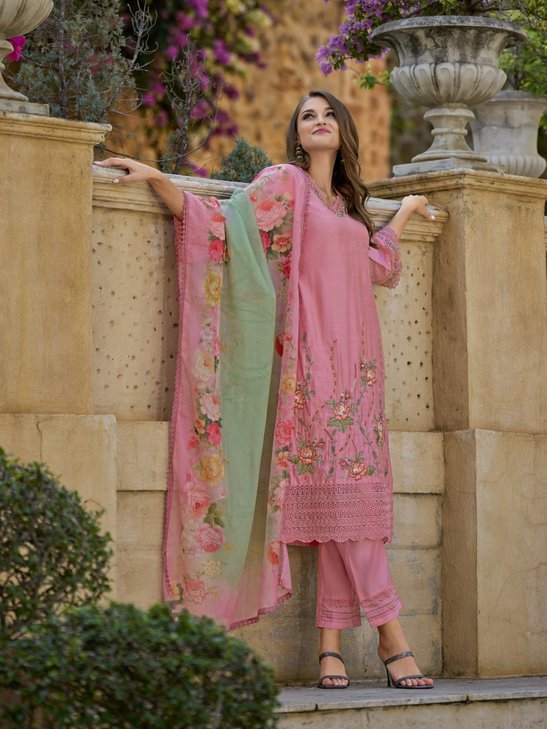 

AUTUMN LANE Floral Embroidered Regular Thread Work Kurta With Trousers & Dupatta, Pink