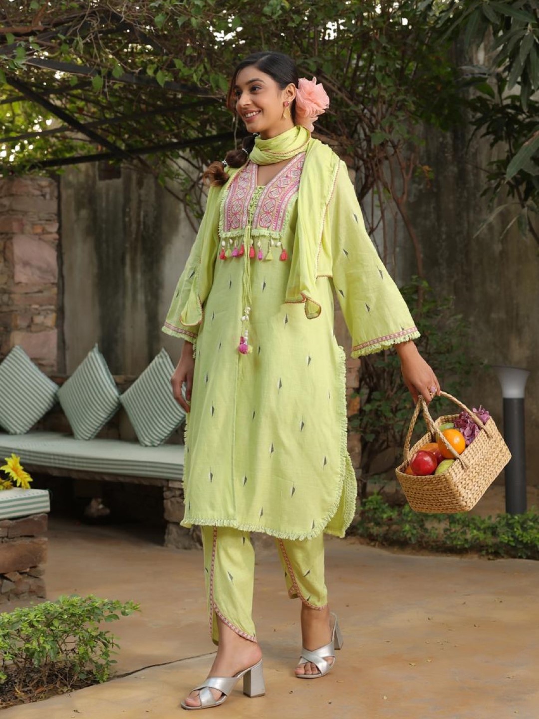 AUTUMN LANE Floral Embroidered Regular Thread Work Kurta With Trousers & Dupatta, Green