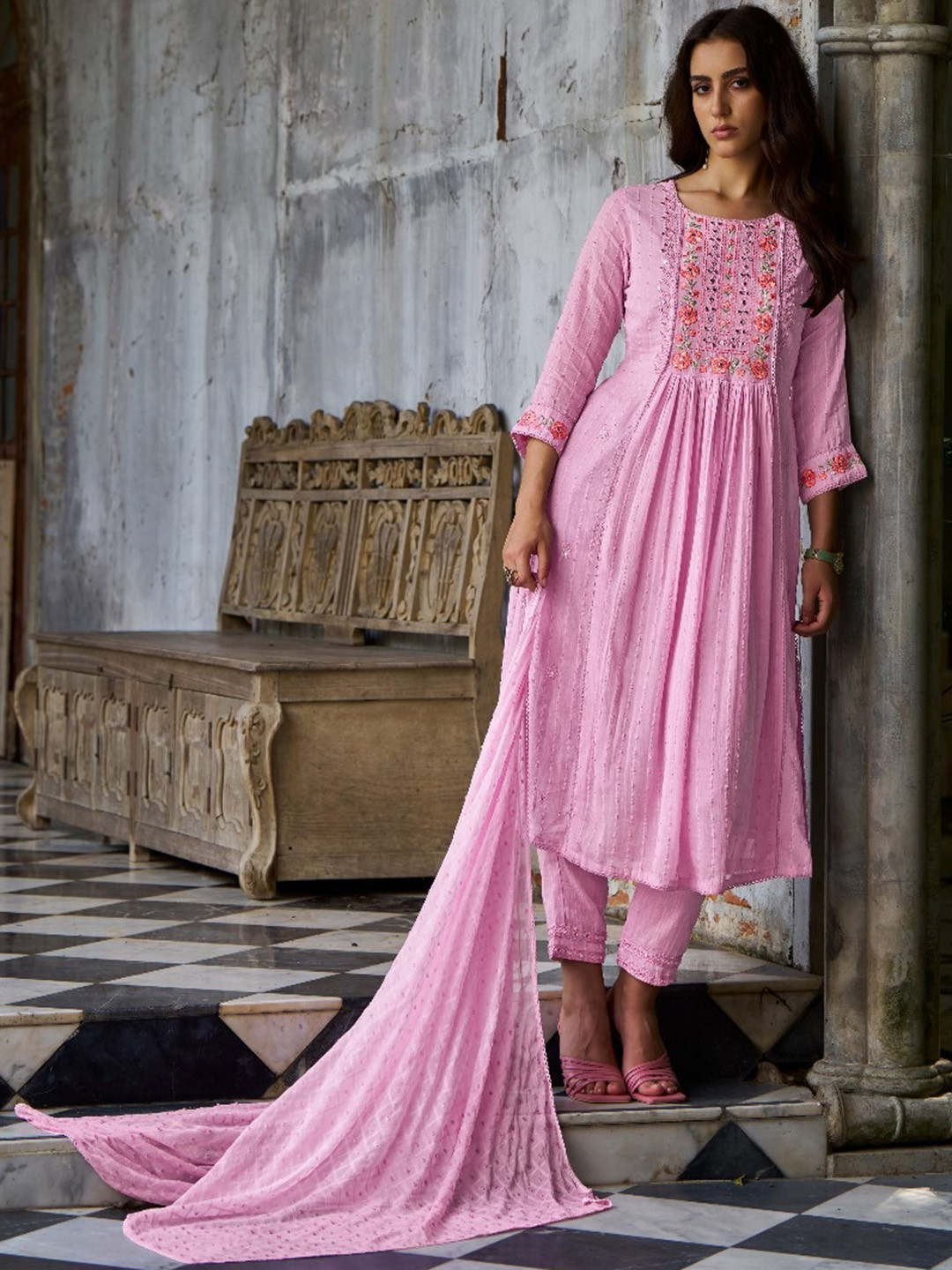

AUTUMN LANE Embroidered Regular Mirror Work Kurta With Trousers & Dupatta, Pink