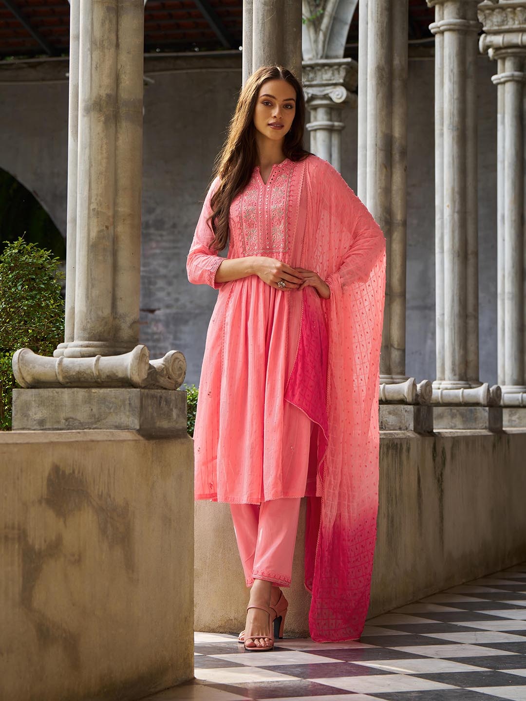 AUTUMN LANE Embroidered Mirror Work Band Collar Straight Kurta with Trouser & Dupatta, Peach
