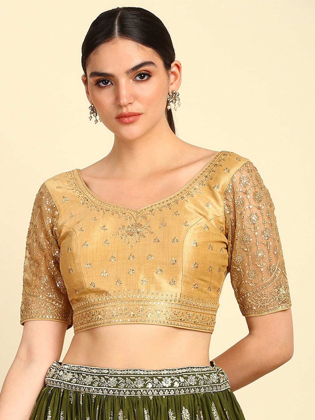 

Soch Embroidered Sequinned Readymade Saree Blouse, Gold