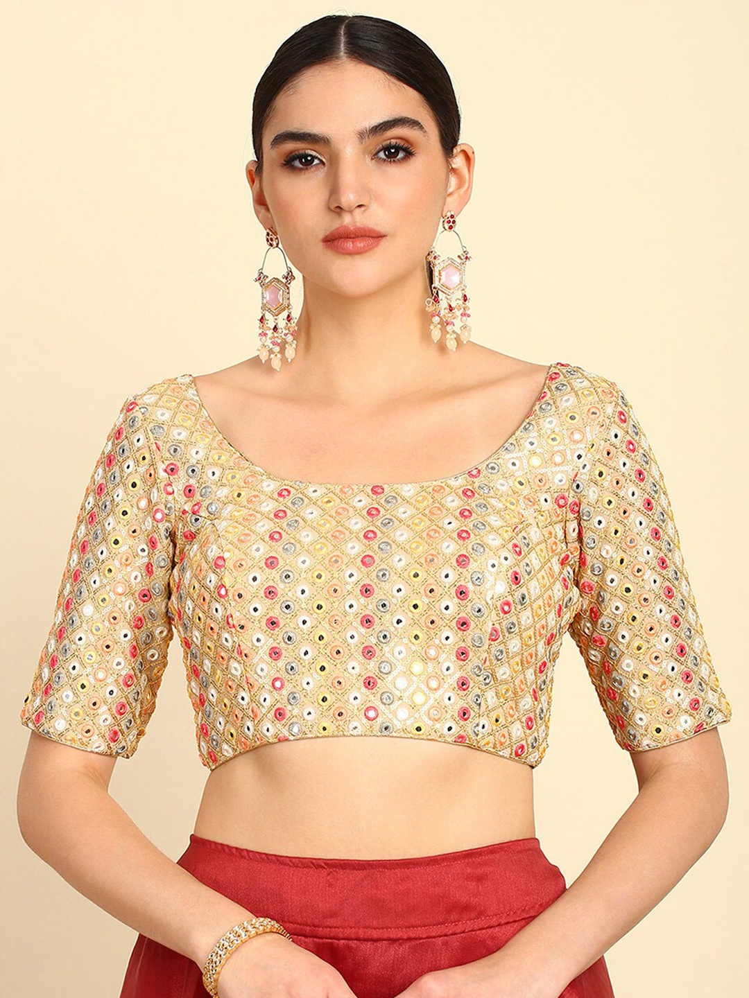 

Soch Embellished Mirror Work Readymade Saree Blouse, Beige