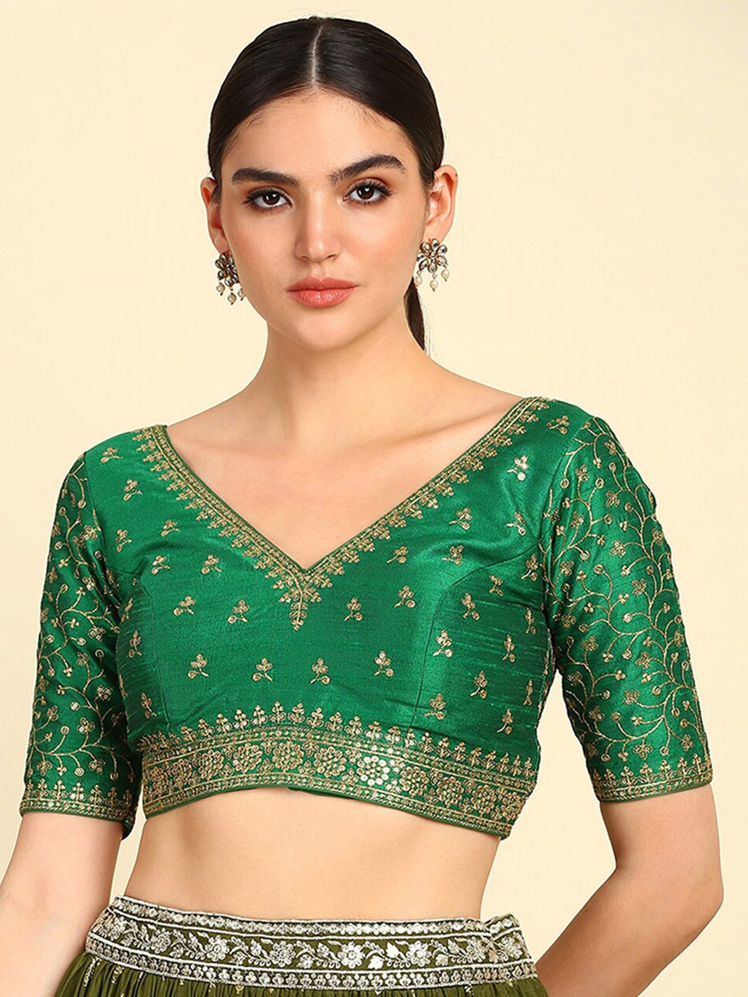 

Soch Embroidered V-Neck Saree Blouse, Green
