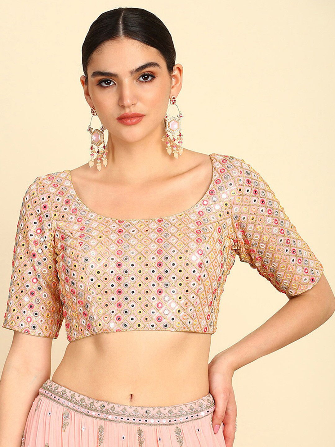 

Soch Embroidered Mirror Work Saree Blouse, Peach