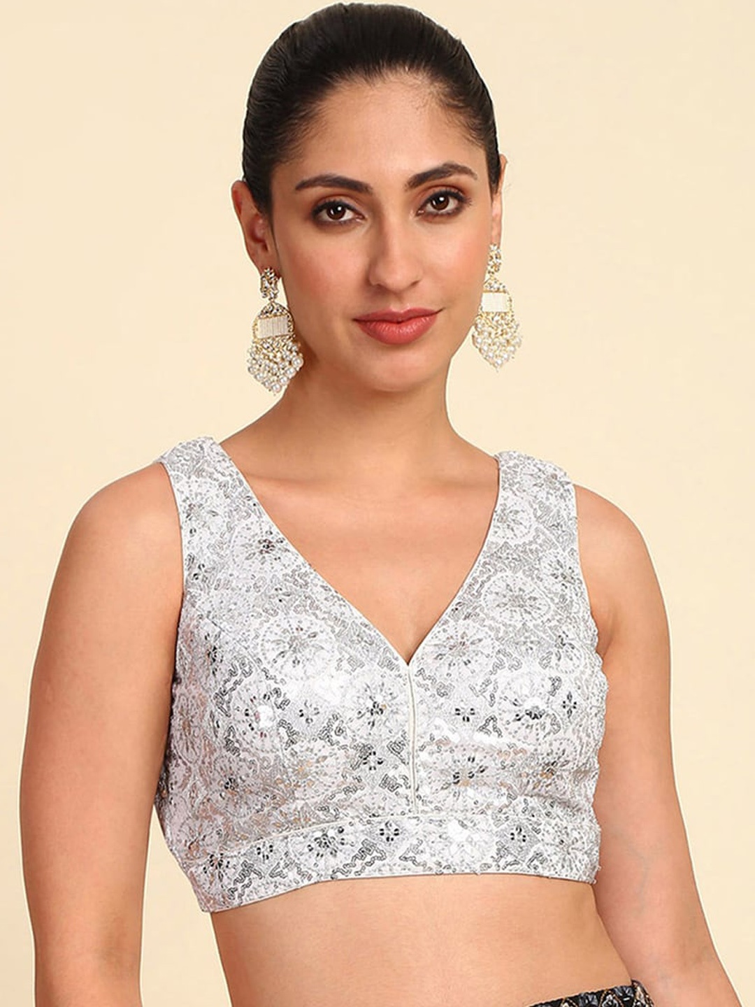 

Soch Embellished Sequinned Saree Blouse, Silver