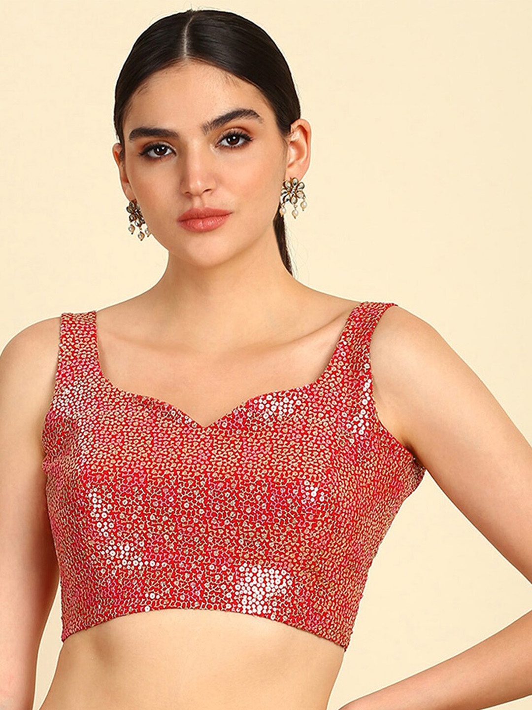 Soch Embellished Sequinned Saree Blouse, Red