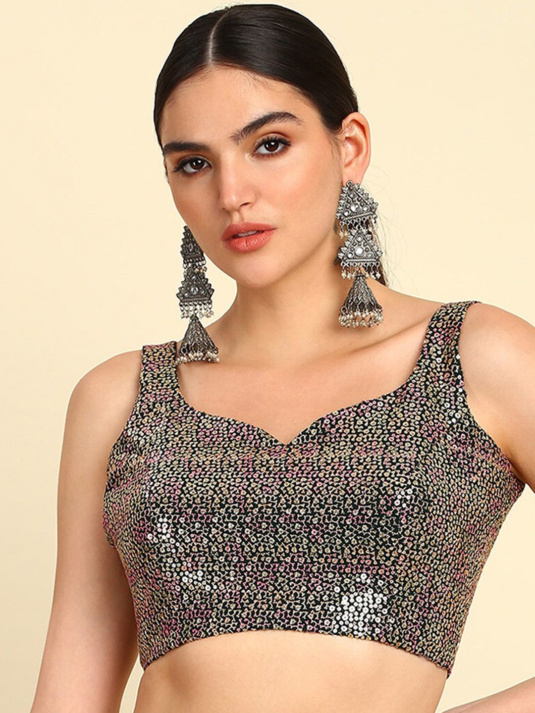 

Soch Embellished Sequinned Sleeveless Saree Blouse, Green