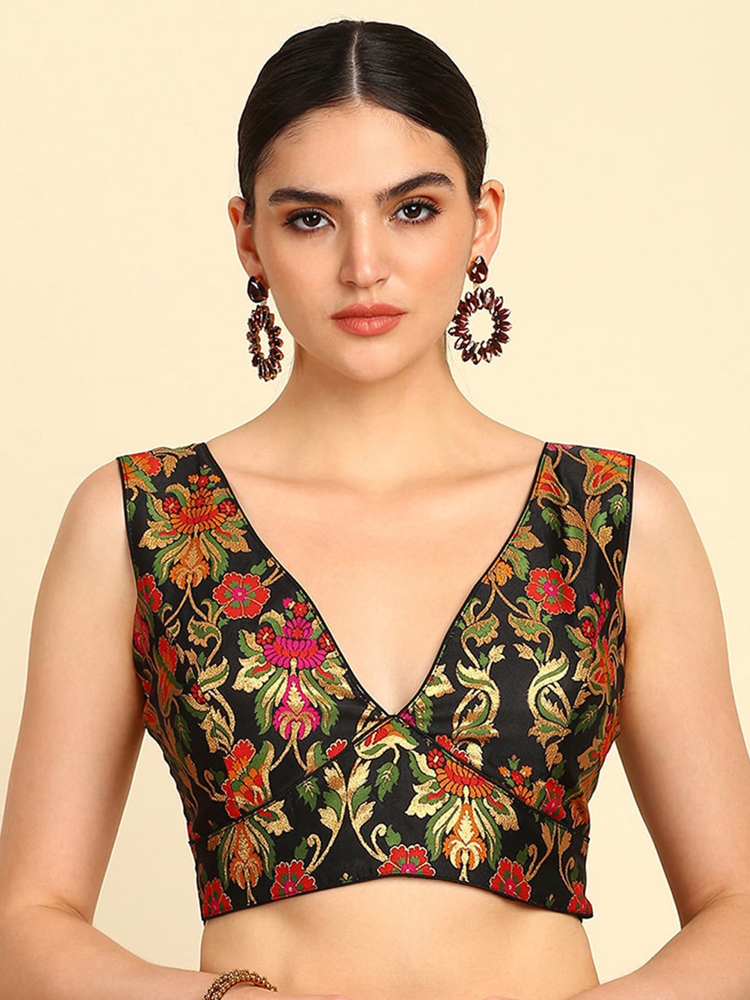 

Soch Woven Design V-Neck Sleeveless Saree Blouse, Black