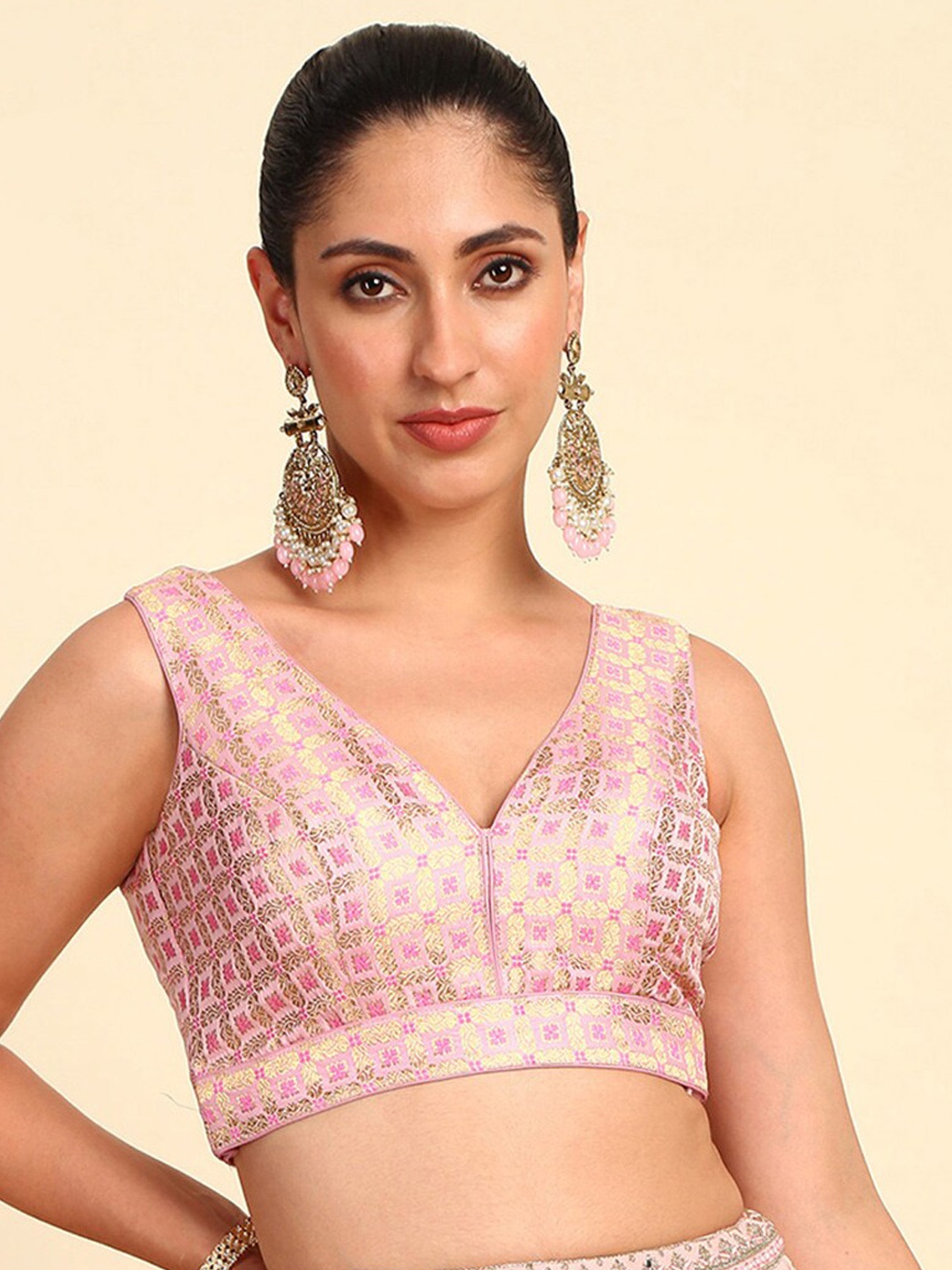 

Soch Woven Design V-Neck Saree Blouse, Pink