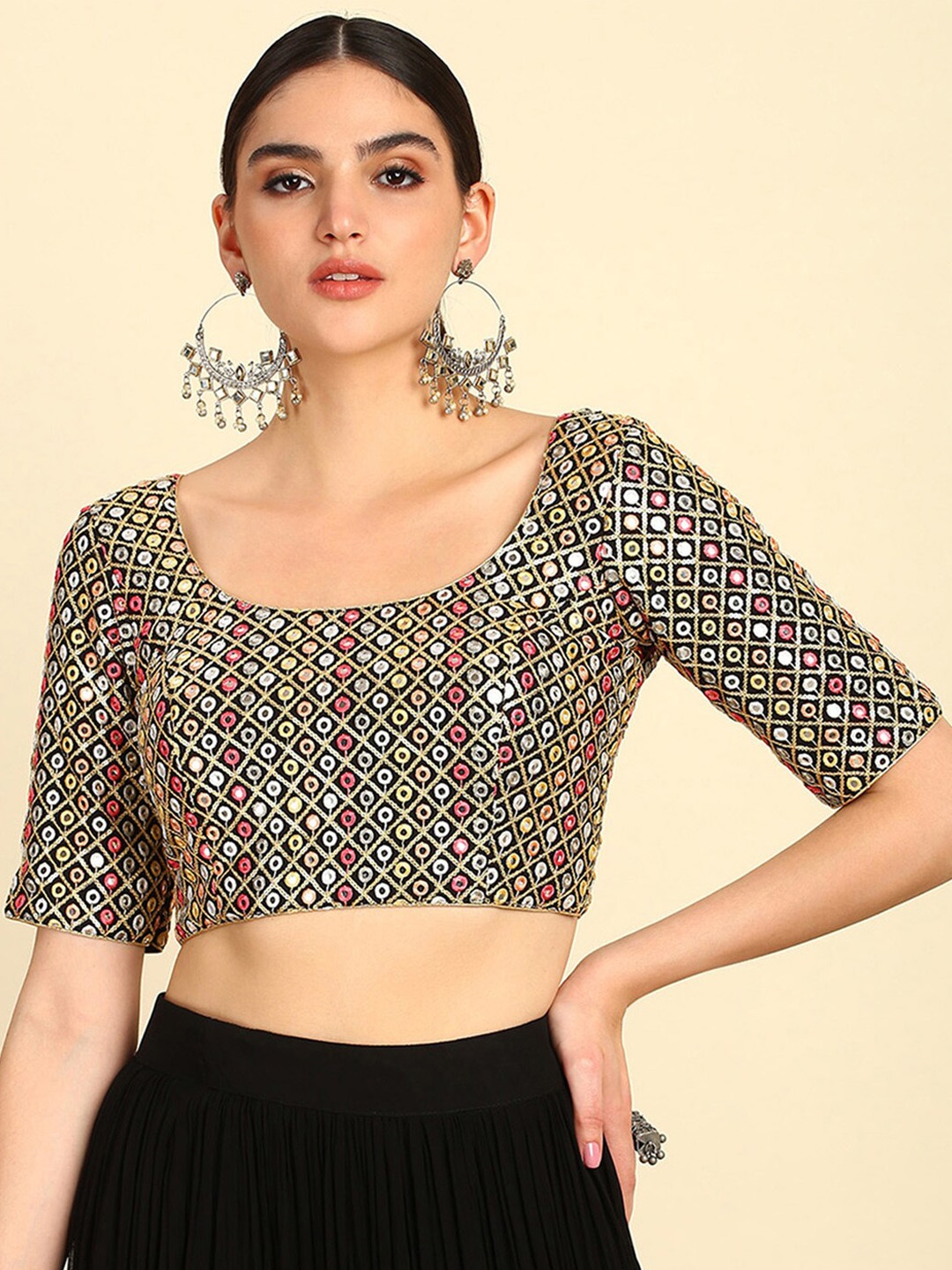 Soch Embellished Mirror Work Saree Blouse, Black