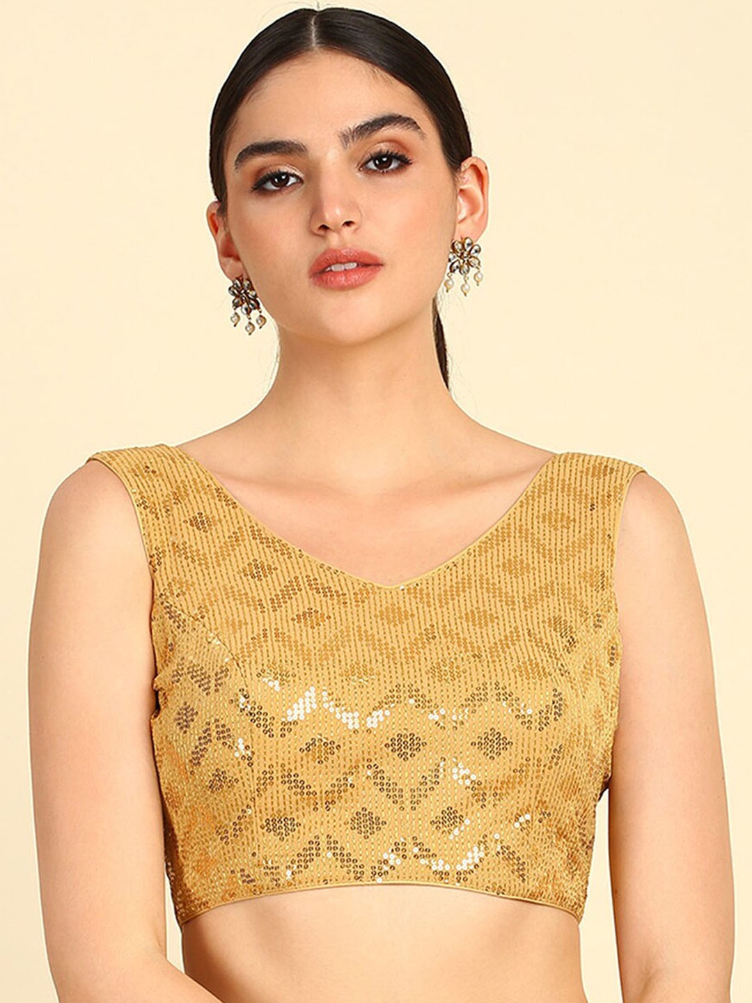 

Soch Embellished Sequinned Sleeveless Saree Blouse, Gold