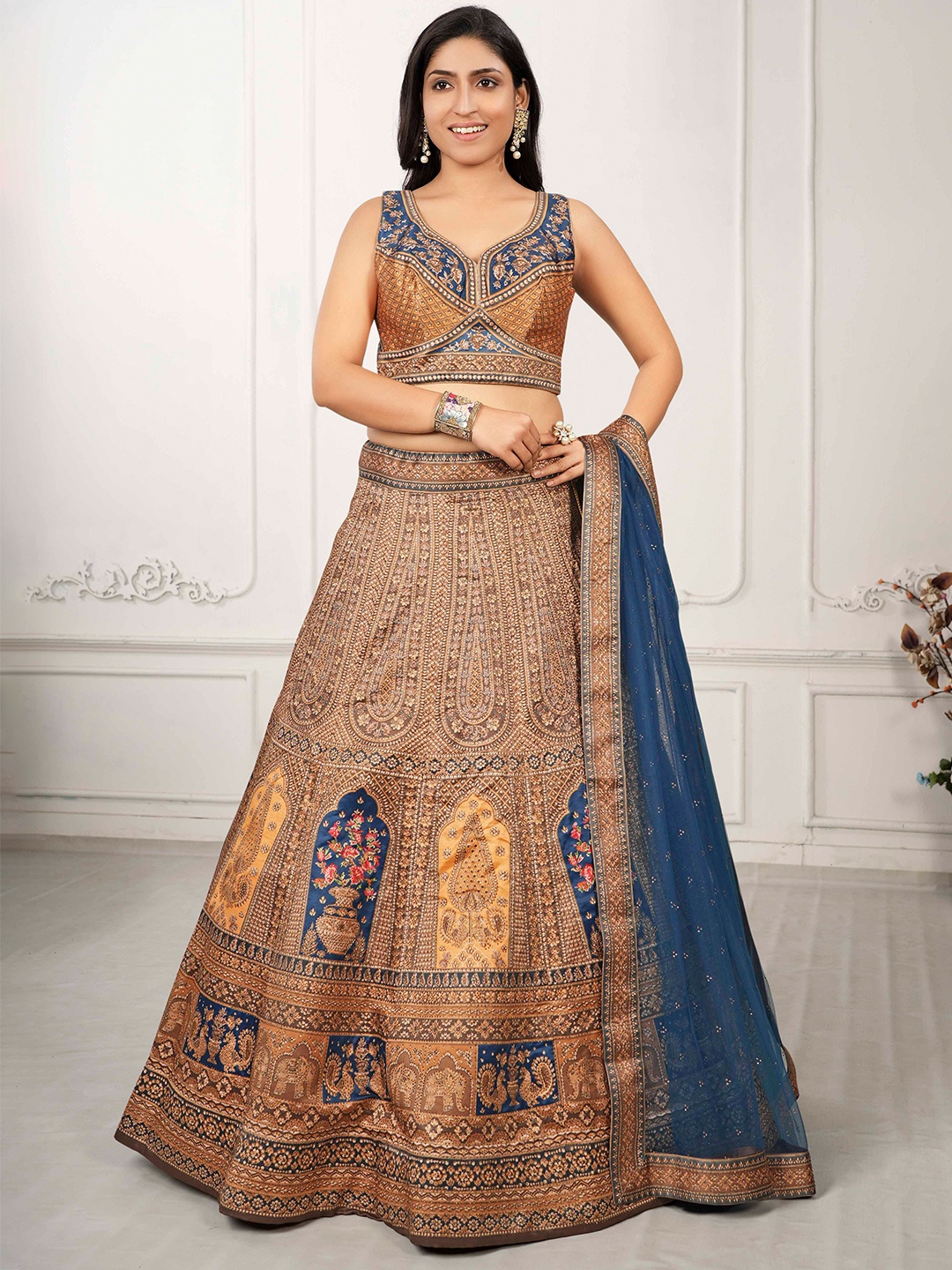 

SAPTRANGI Printed Thread Work Ready to Wear Lehenga & Blouse With Dupatta, Brown