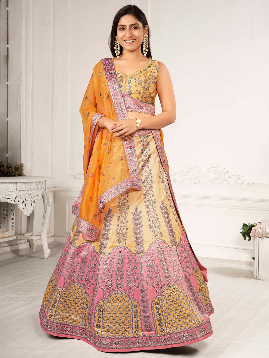 

SAPTRANGI Embroidered Ready to Wear Lehenga & Blouse With Dupatta, Yellow