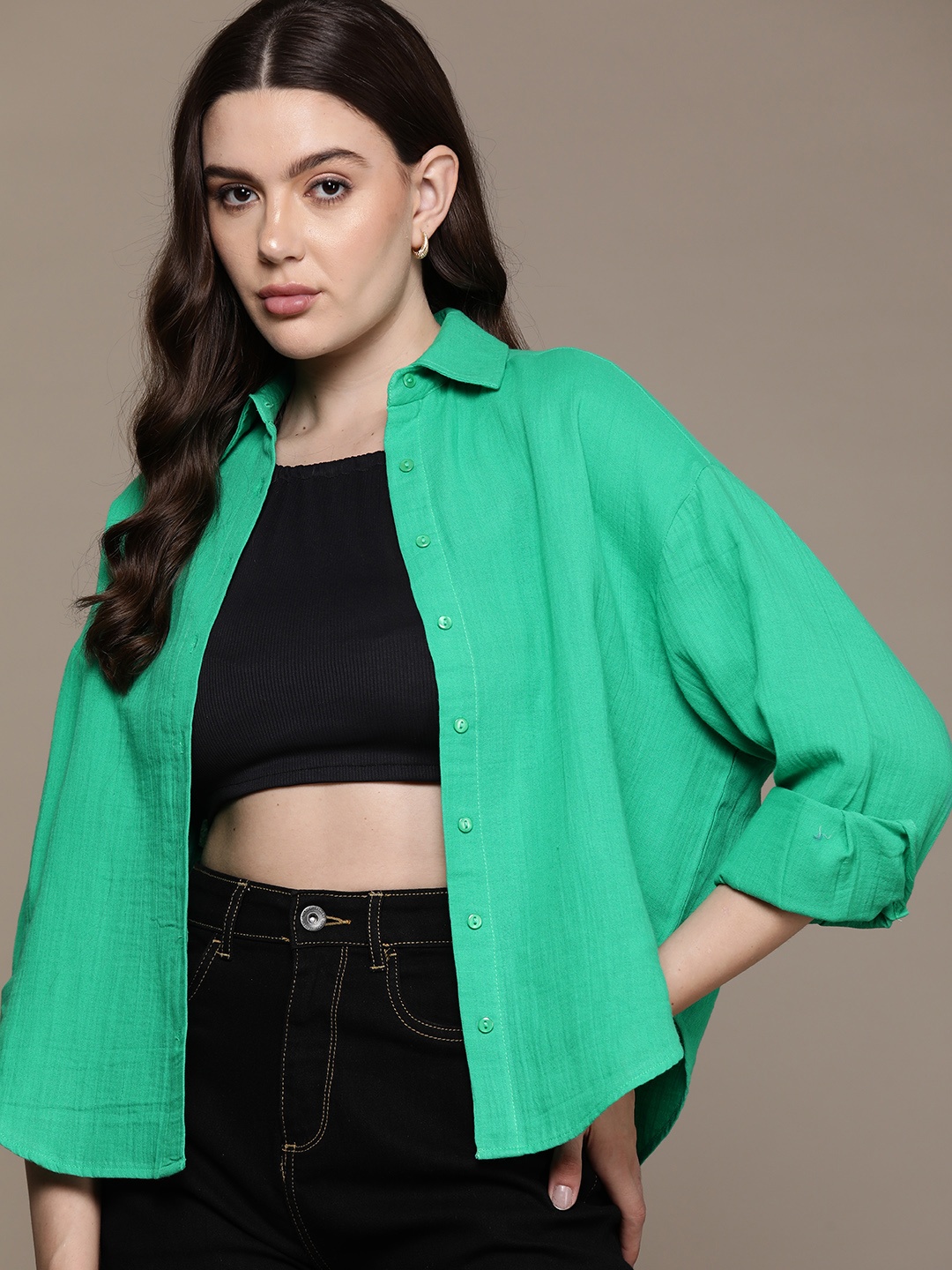 

Roadster Women Solid Opaque Cotton Casual Shirt, Green
