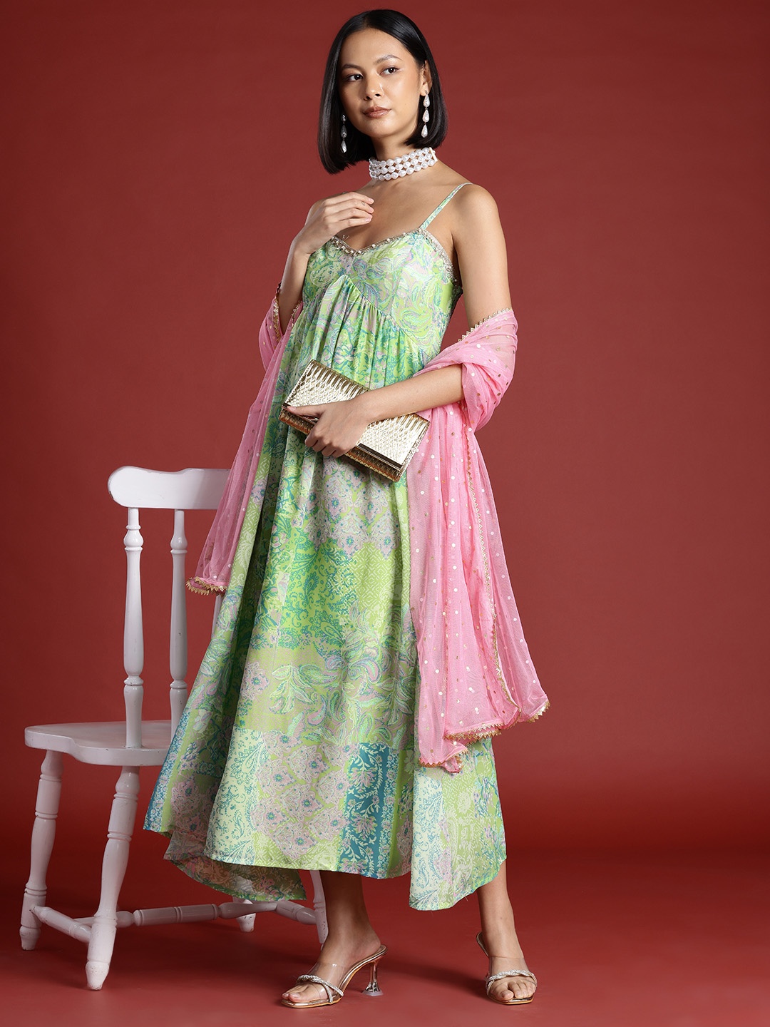 

all about you Printed Ethnic Maxi Dress with Dupatta, Green